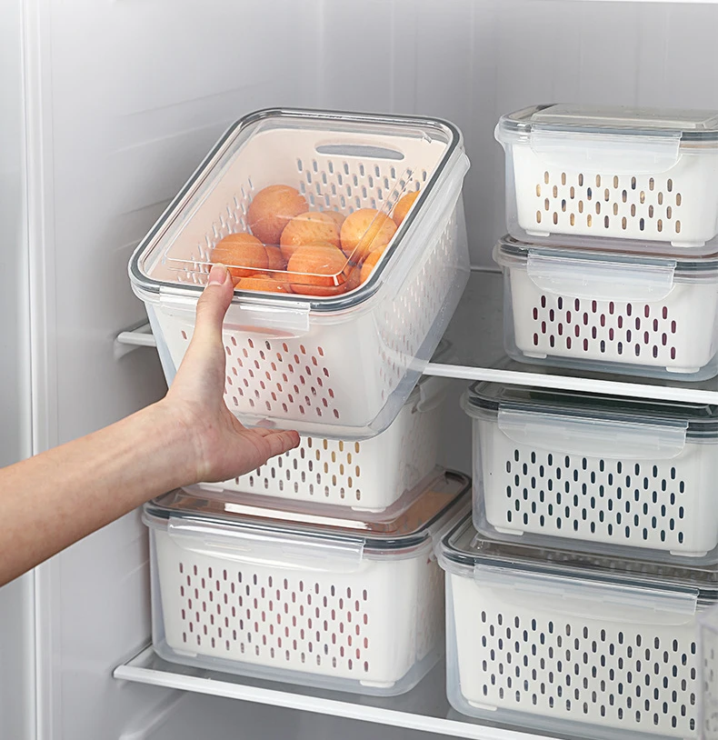 RU Household Refrigerator Fresh-keeping Box Kitchen Drain Basket With Cover Washing Fruit Vegetable Basket Plastic Storage Box