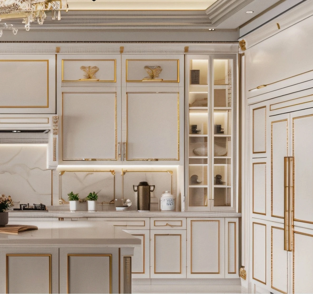 George White color gold border classical cabinet with glass wall cabinet
