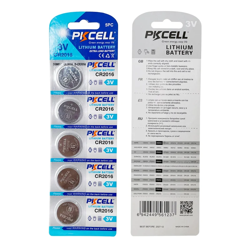 OEM accepted pkcell high quality cr2016 3v 75mah lithium button cell battery for watch