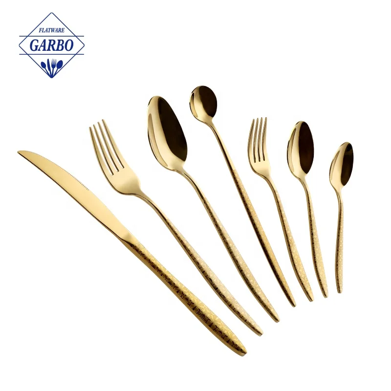 Arabic 13/0 rose gold PVD coat stocked stainless steel cutlery flatware set dinner spoon fork knife with spraying colored handle