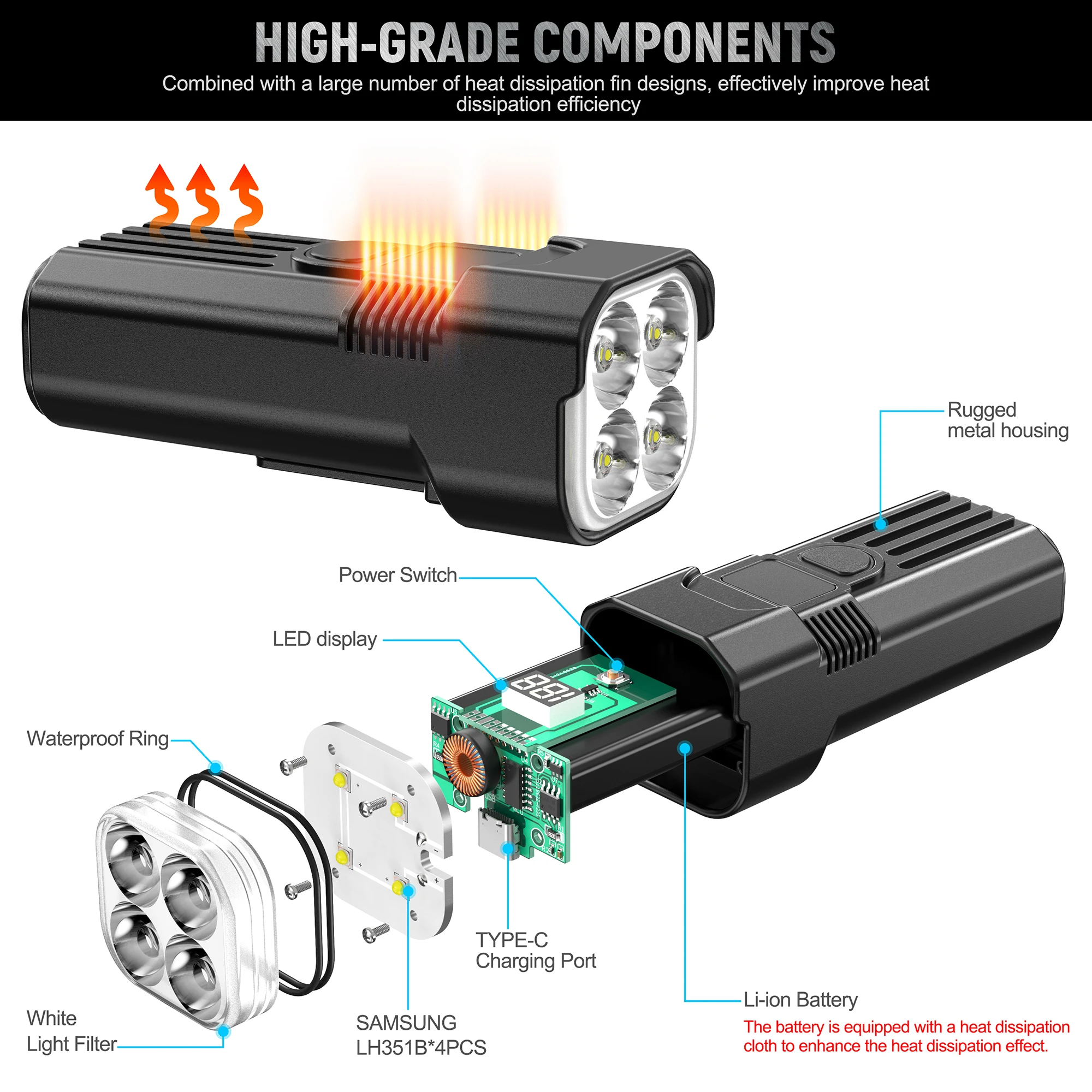Custom Logo Super Bright Flashlight Rechargeable Bicycle Light Dimmable LED Bike Light