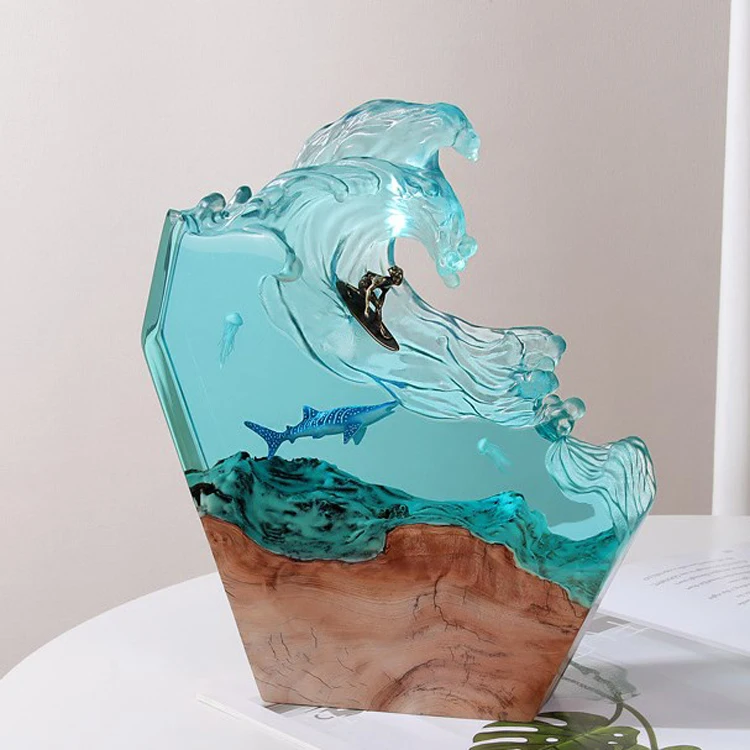 New Design Resin Ocean Surfer Shark Lamp Wooden Resin Crafts Decor Night Light Handmade Home Decoration Light