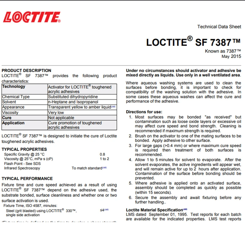 Henkel loctite SF7387  1.75 oz Liquid Activator  for  toughened acrylic adhesives & sealants transparent yellow to amber