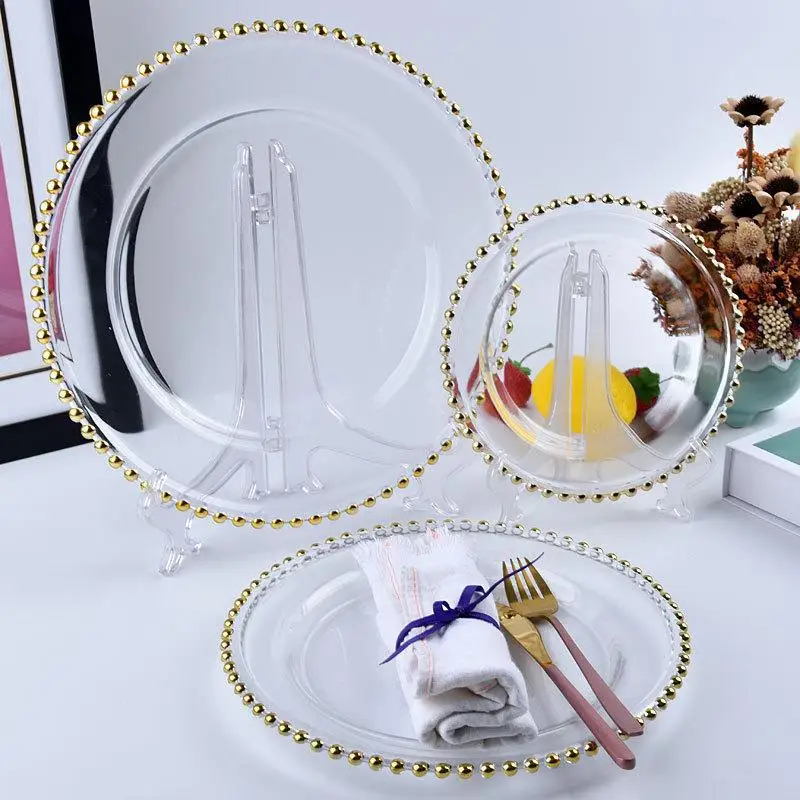 Modern transparent service plate round glass charger with gold pearl decoration heat-resistant Western banquet steak plate