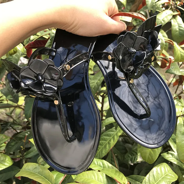 USA popular jelly ladies beach slippers girl latest three-dimensional flower  Wholesale  summer pvc footwear for yong girl