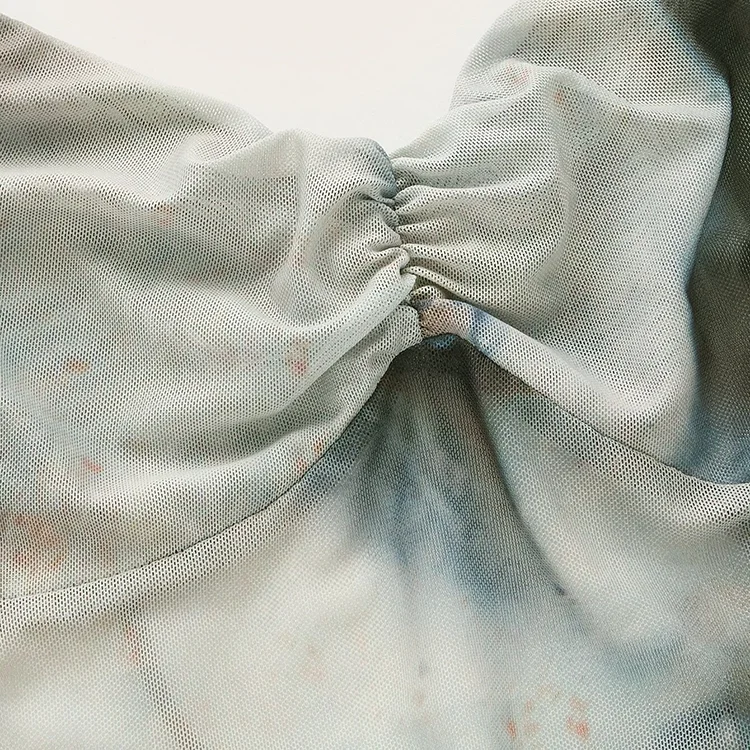 Custom Women Sexy Tie Dye Ruched Crisscross Backless Knot Hanky Hem Mesh Cami Top Cropped Corset Crop Tank Top