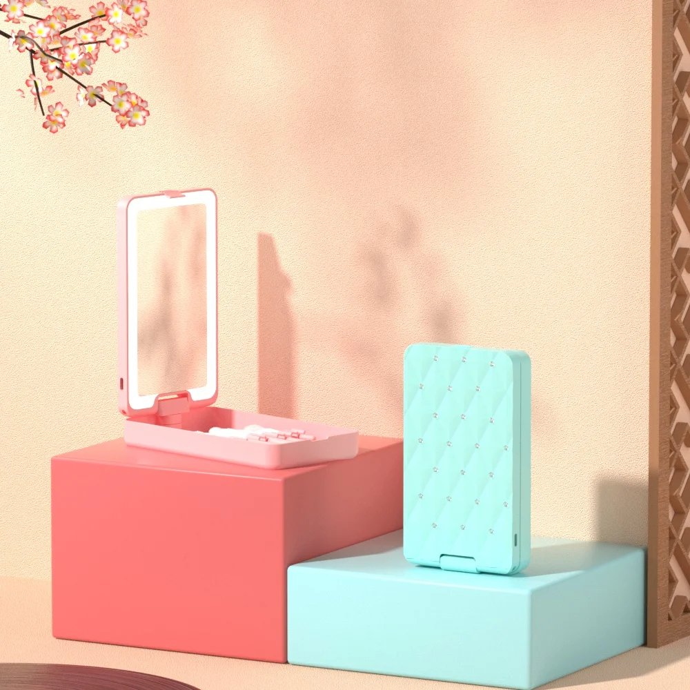 Hot Custom Foldable Single Side Pink Square Plastic Portable Make up Chassis Storage touch switch Vanity Brush LED Mirror Set