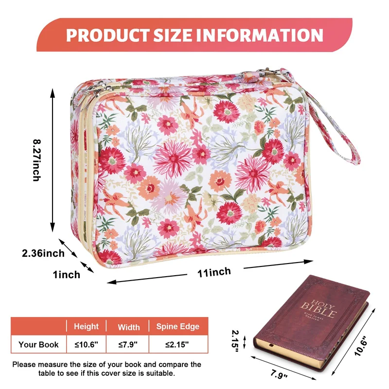 2 Layers Bible Case For Girls Large Floral Bag With Multi-pockets Bible Carrying Case Bible Cover For Women