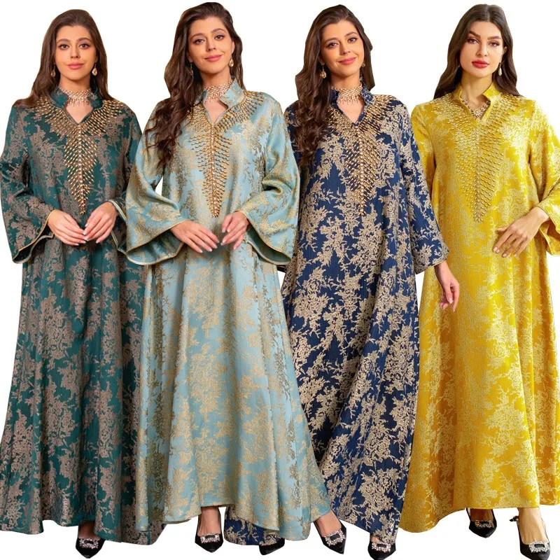 Popular evening dress jacquard embroidered dresses kaftan beaded fashion muslim women abaya femmes robe musulmane modeste robe
