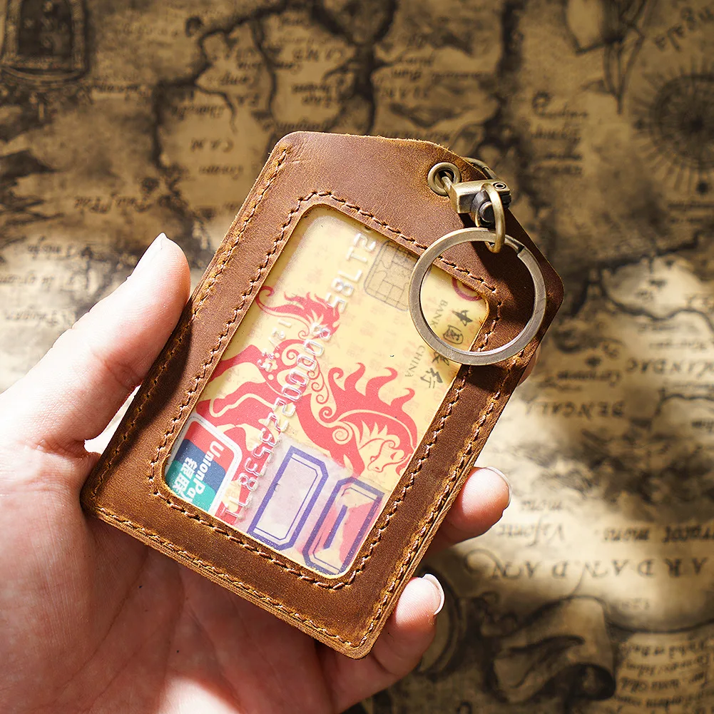 New Style Work Permit Card Holder Name Tag Card Genuine Leather Protective Cover  Campus Access Key Ring Keychain Readers Sleeve