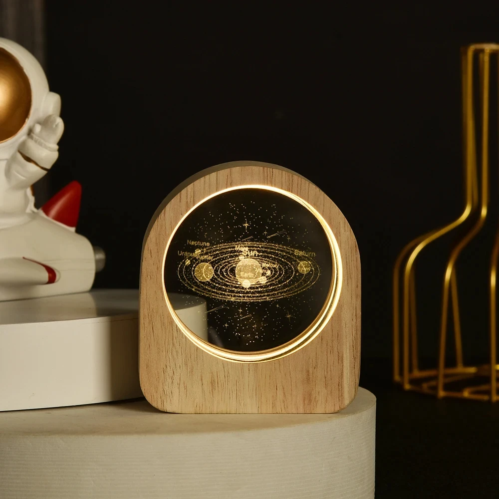 3D Moon Cosmic Planet Crystal Cabin Light Wooden House Lamp Decorative Gift Glass Figurine Friends Birthday Christmas Souvenir