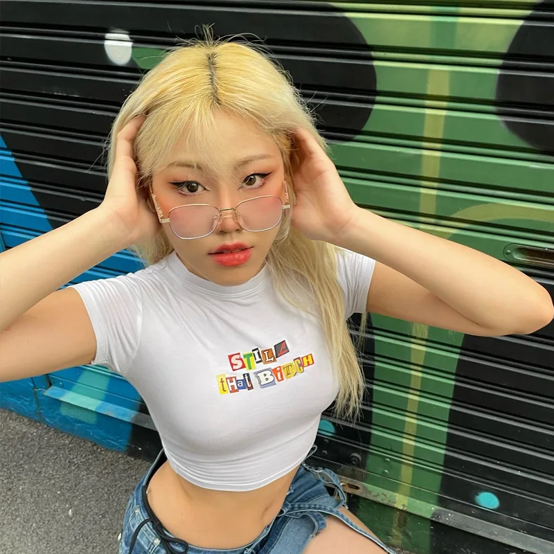Personality Fashion Summer Women Crop Top T Shirt High Quality Female Ladies Short Sleeve Streetwear Casual Printed Knitted