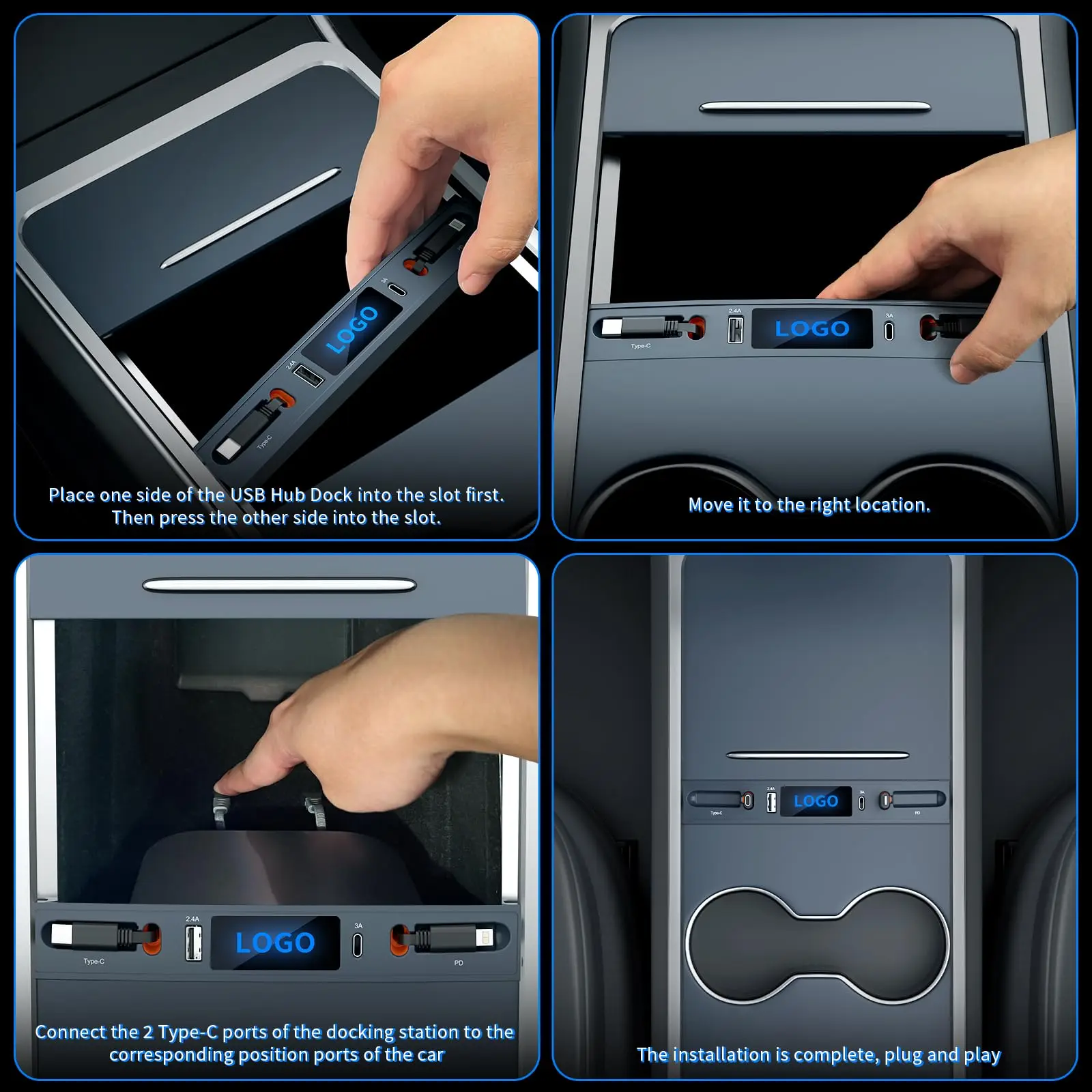 Docking Station Center Console USB Hub for Tesla Model 3 Model Y 2021 2022 2023 20204 with Retractable Fast Charging Cable