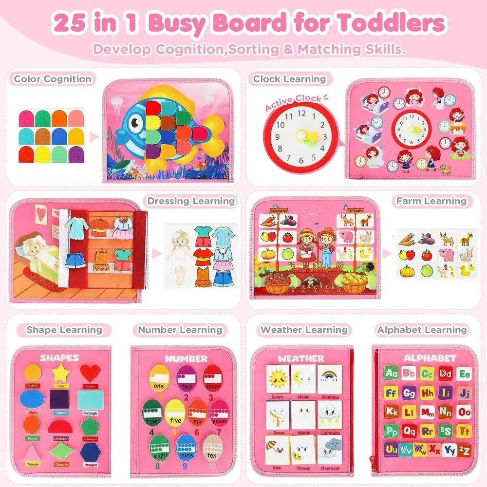 Educational felt busy board toys 25 in 1 baby busy board accessories weather letters animals busy board for kids