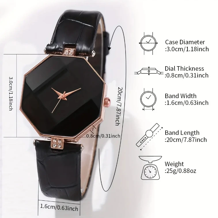 NJC Elegant Rhombus Dial 5pcs Ladies Quartz Watches Sets Rhinestone Leather Black Wrist Watch With Beads Bracelets Set