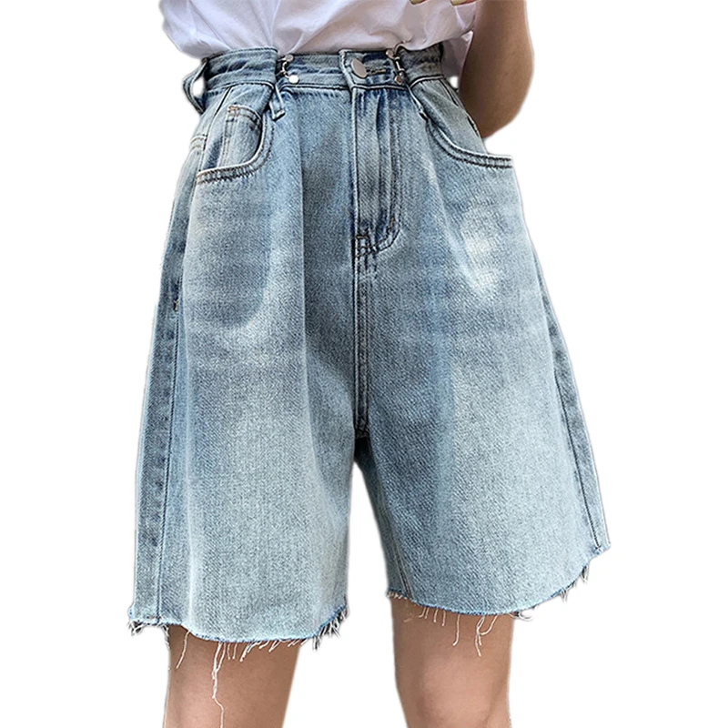 Ladies Fashion New Loose Raw Edge Rolled Denim Five Points High Waist Fringed Frayed Wide Leg Denim Shorts