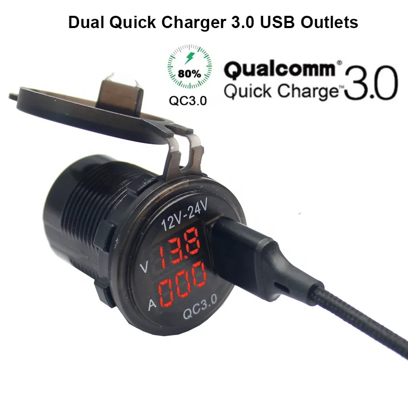Waterproof 12V/24V QC3.0 Dual USB Fast Charger Power Outlet with Voltage and Current Display