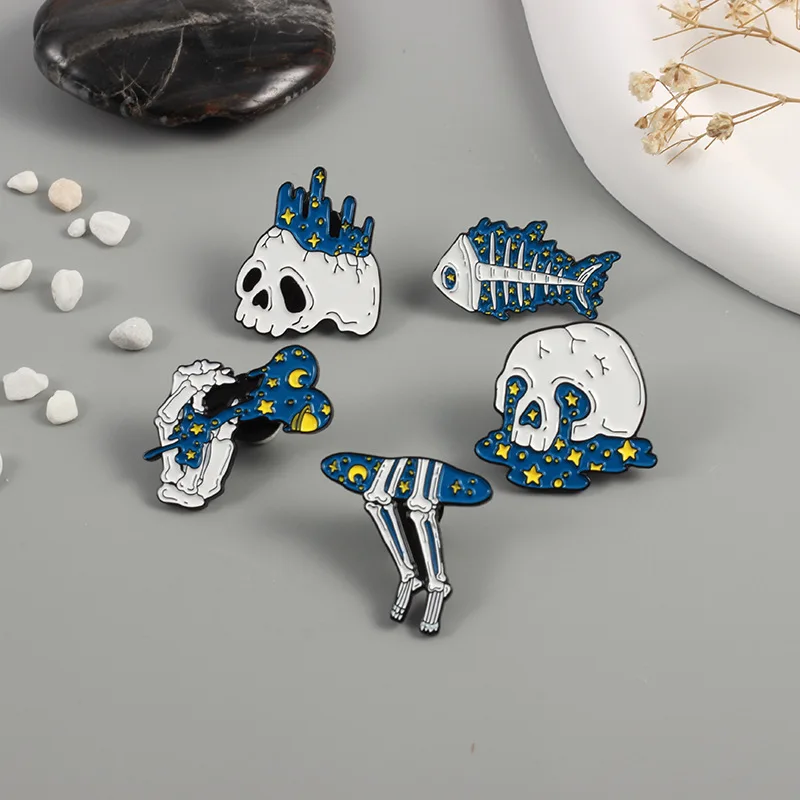Fashion trend Blue Star Moon Planet Universe skeleton series emblem Universe in the palm brooch pins