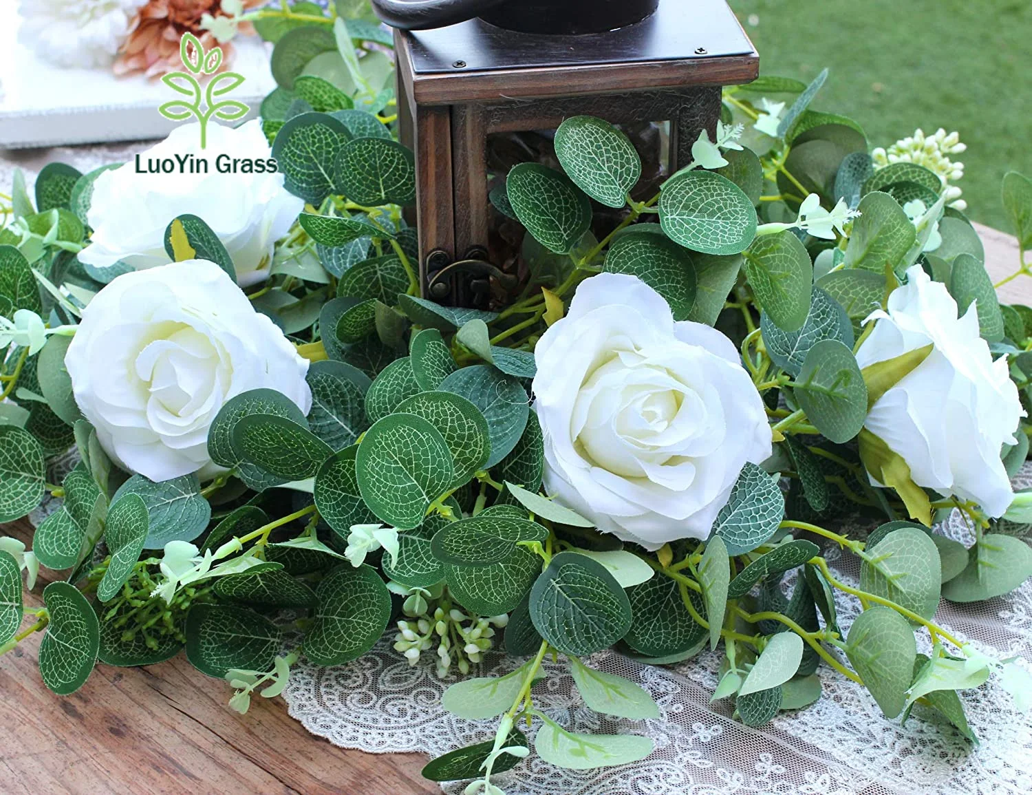 Eucalyptus Garland with White Ross 6Ft Artificial Vines Faux Silk Greenery Eucalyptus Leaves for Wedding Backdrop Decor