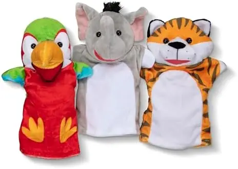 of 6 (Elephant, Tiger, Parrot, Giraffe, Monkey, Zebra) - Soft, Plush Animal Hand Puppets For Toddlers And Kids