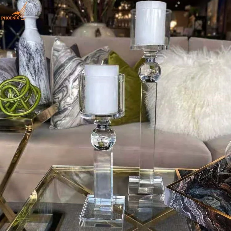 Wholesale home decorations glass candlestick single head K9 crystal tealight table pillar candle holder set of 2