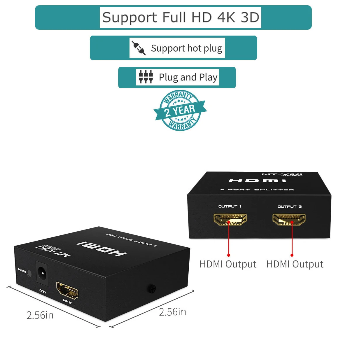 4K 30Hz HDMI splitter 1 in 2 out, MT-VIKI 1x2 1 Computer 2 Monitor + Power adapter HDMI splitter