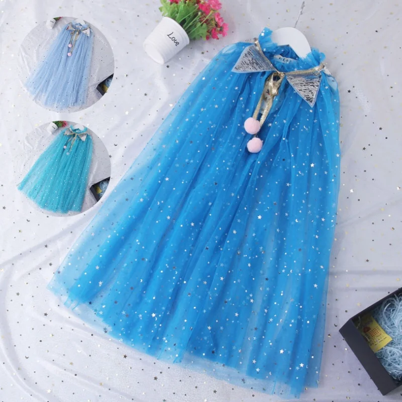 Wholesale Princess Blue Sequin Star Long Kids Girls Chiffon Cape For Evening Dress
