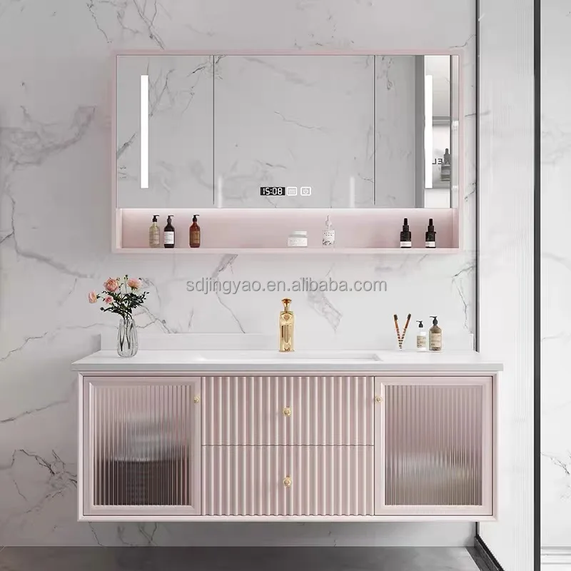 Light luxury bathroom intelligent mirror cabinet combination simple solid wood glass door bathroom