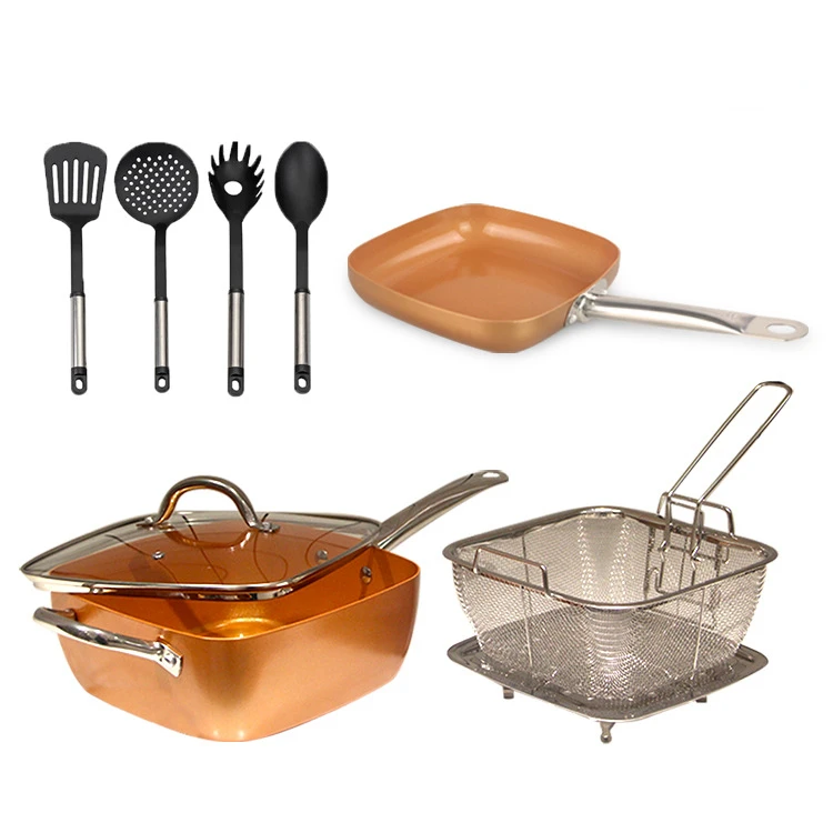 Customized size printing logo Wok 4 Set Frying Pan Copper non-stick pan  Double bottom Flat bottom 24cmSquare Pot