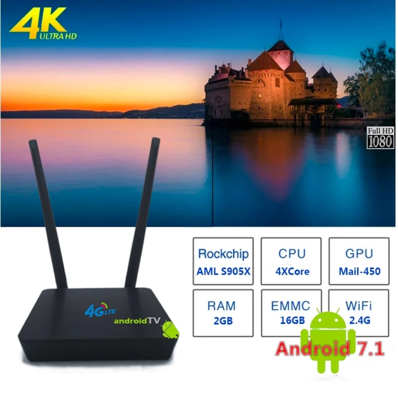  Android LTE OTT TV ott IP ТВ Декодер каналов кабельного телевидения 4G-LTE маршрутизатор 2 Гб оперативной памяти 16 ГБ строенной под S905X Quad 64-разрядный Cortex-A53 процессор 4K 4 аппарат не привязан к оператору сотовой связи Wi-Fi