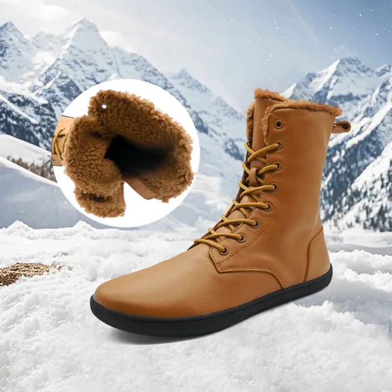 Flat Hiking Winter Boots Custom Logo Zero Drop Minimalism Barefoot Boots Zipper Inner Fur Leather Boots
