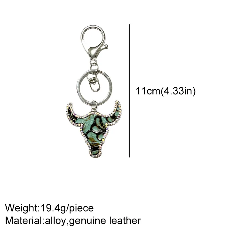 Vintage Emboss Cowhide Leather Key chains Rhinestone Bull Head Keychain Cowgirl Bag Pendant Cowboy Cow Key Ring Western Keychain