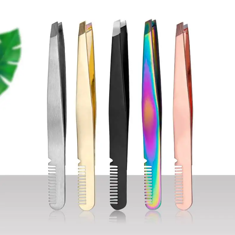 Private Label Custom Logo Ingrown Hair Slant Tweezers Brush Stainless Steel Eyebrow Clip Beauty Tool