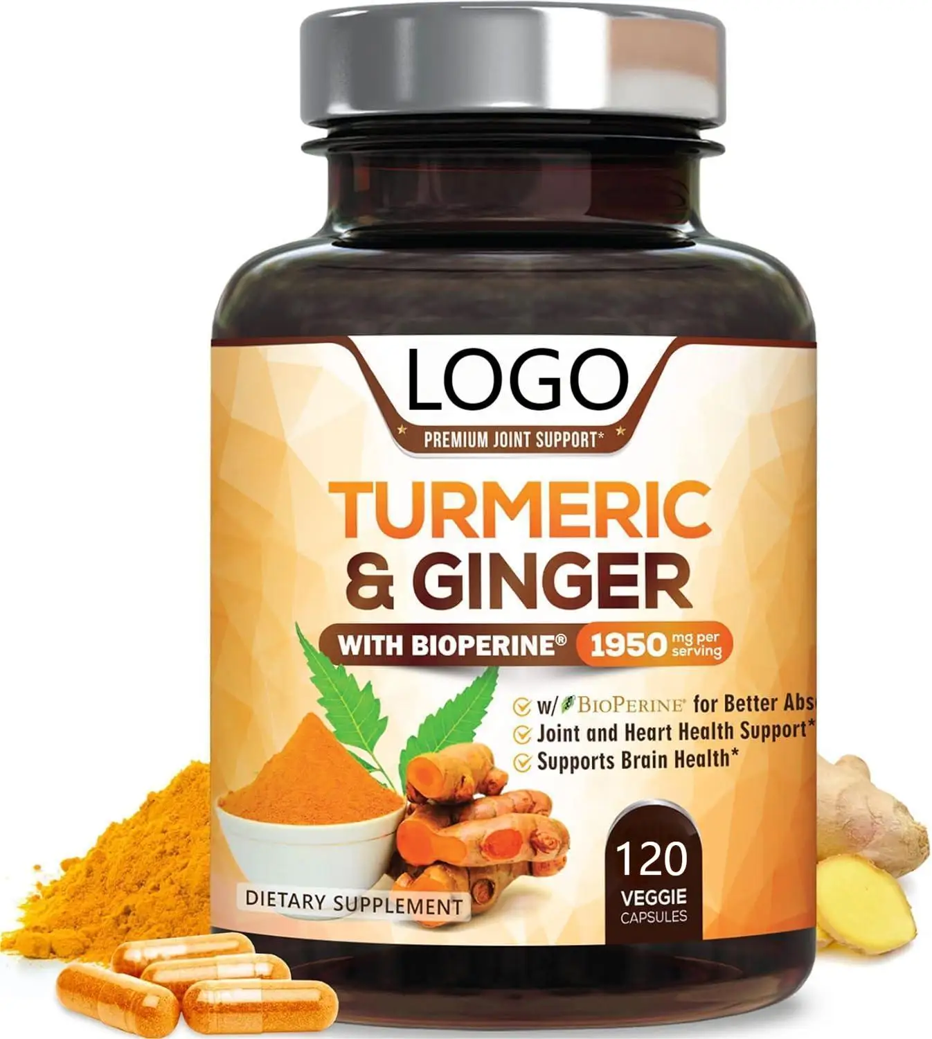 New Turmeric with BioPerine & Ginger 95% Standardized Curcuminoids 1950mg Black Pepper for Max Absorption Joint Support, Vegan