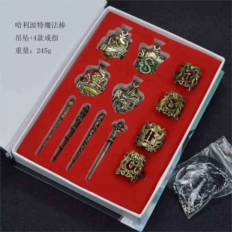 Wholesale Cosplay Accessory Movie Harry School of Magic Scepter Badge Necklace Pin Pendant Ring Set Anime Collection Box