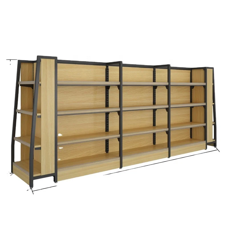 Retail store MDF wood shelving supermarket display metal shelf and grocery wooden gondolas