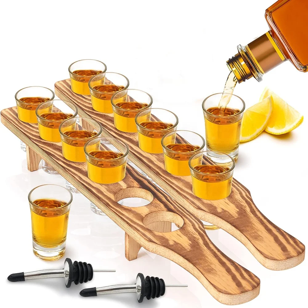 Shot Glass Set of 6 Tequila Shot Glasses of Wooden Holder Tray