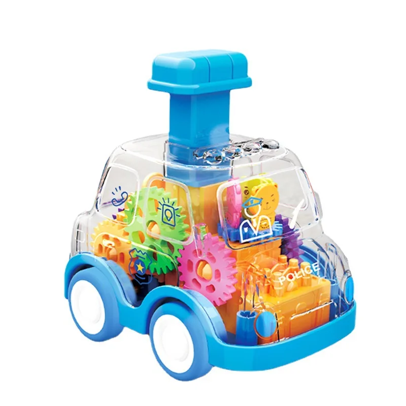 Cute Walking Transparent Gear Car for Kids Police School Bus Press Toy Car Pull Back Car Cartoon Vehicles Toys For Children Gift
