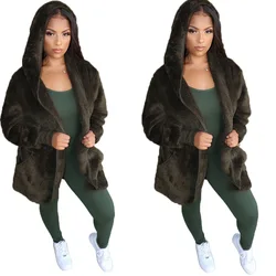 FM-YM8509 Women winter coats synthetic fluff long sleeved pocket hoodie faux fur coat