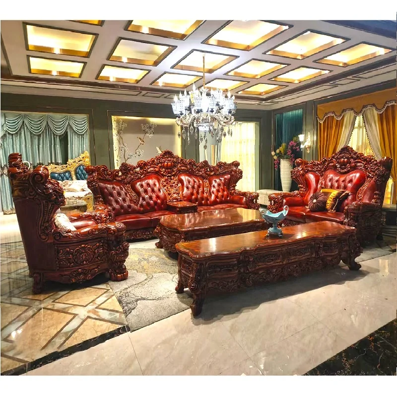 Classic wooden sofa set living room furniture,Full leather european classic luxury wooden carved sofa set