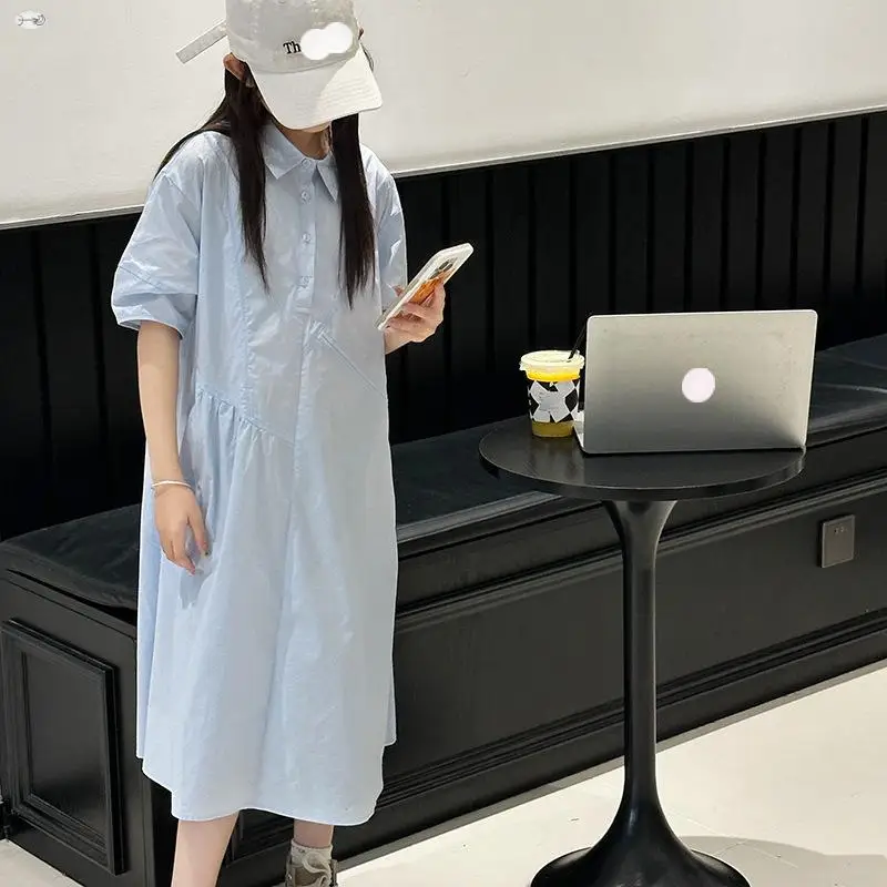 2024 New  Children Girl Short Sleeved Light Blue Shirt Dress Teenagers Cotton Dress 5-15 Years