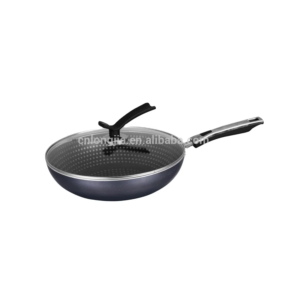 Pressed Aluminum Black Non-Stick Silk Screen Bakelite Handle Wok Pan With Temper GLass Lid