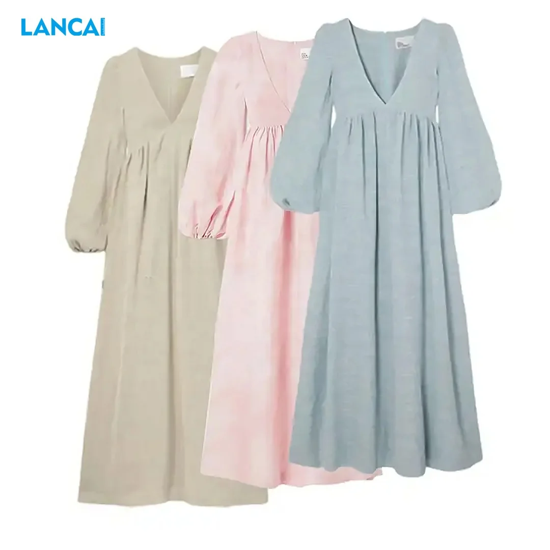 Custom Summer Clothing Elegant Vintage V-neck Maxi Ladies Long Sleeve Women Casual Dresses Linen Dress