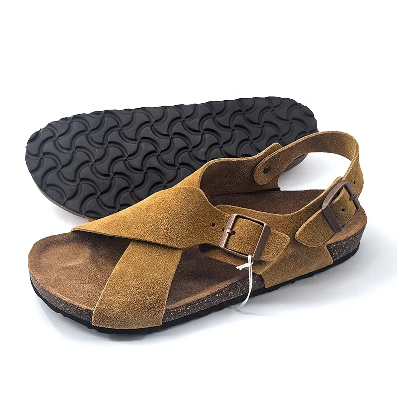 Drop Shipping Boken Cork Suede Slippers Cross Strap 2 Buckle Ankle Summer Unisex Mink Color Men Women Sandal With Rubber Outsole
