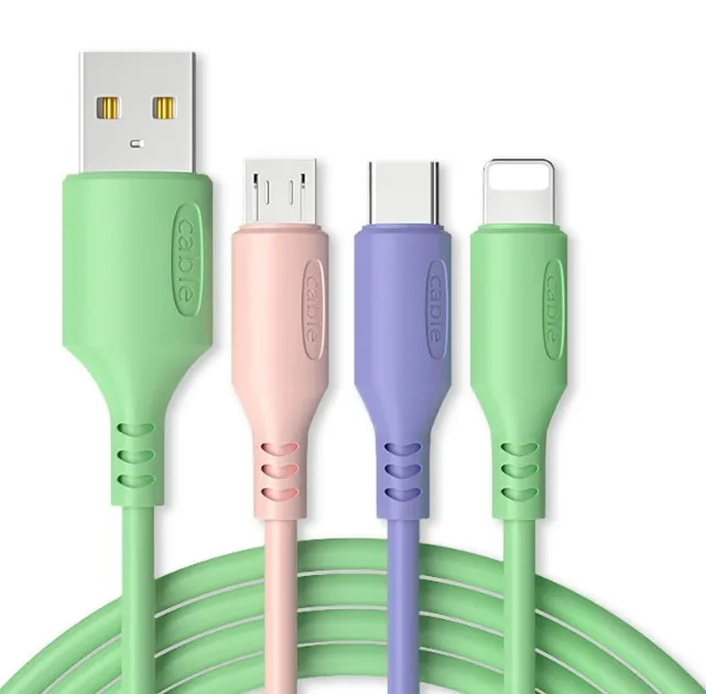Amazon Hot Sale Three port Multi Function High Speed Mobile Phone Charging 3in1 Liquid 1.5A 1.2m PVC Green Soft Usb Data Cable