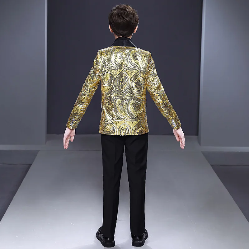 6-16y Gold Sequined Elaborate Kids Clothing Children Wear Plus Size Men Suits Host Piano Performance Flower Boys Tuxido Blazer