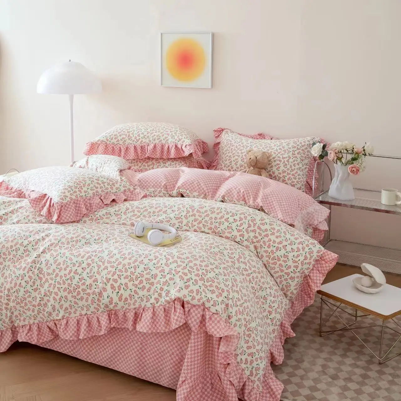 Floral Sheets 4pcs Cotton Skin-friendly Bed Sheets & Pillowcase & Duvet Cover Sets & Quilt Cover King Size