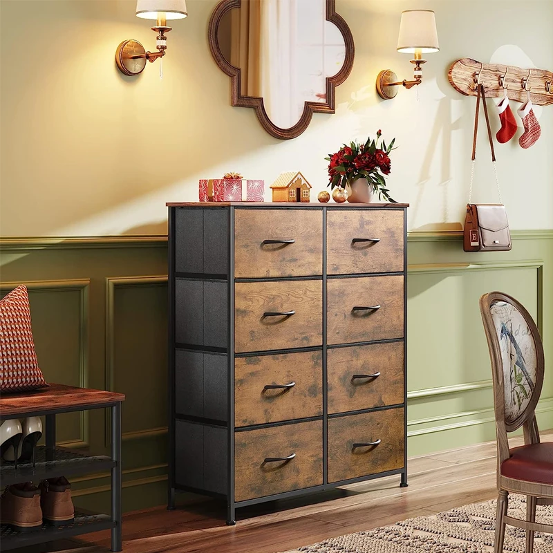 Wood Double Dresser Chest  With 8  Fabric  Drawers for Living Room Rustic Brown