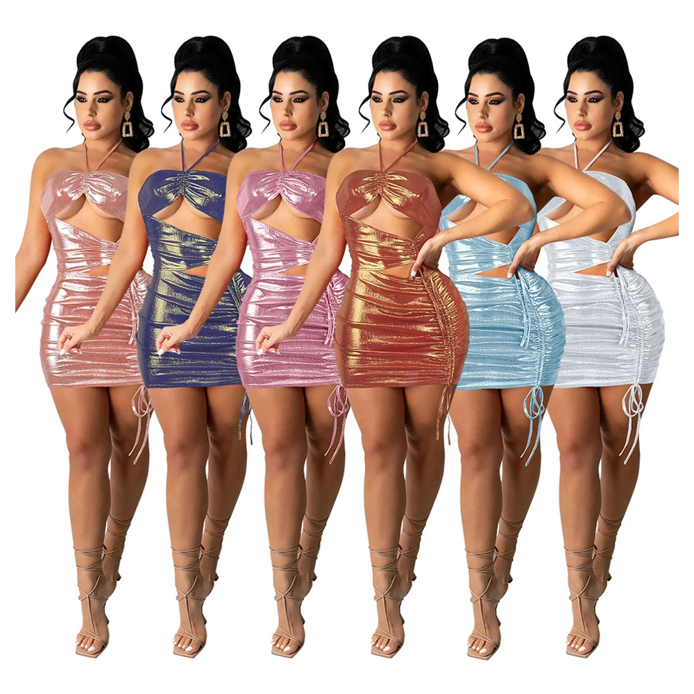 Fashion Club Sexy Shiny Hollow Out Women Clothing Summer Sexy Halter Bandage Clothes Women Dresses