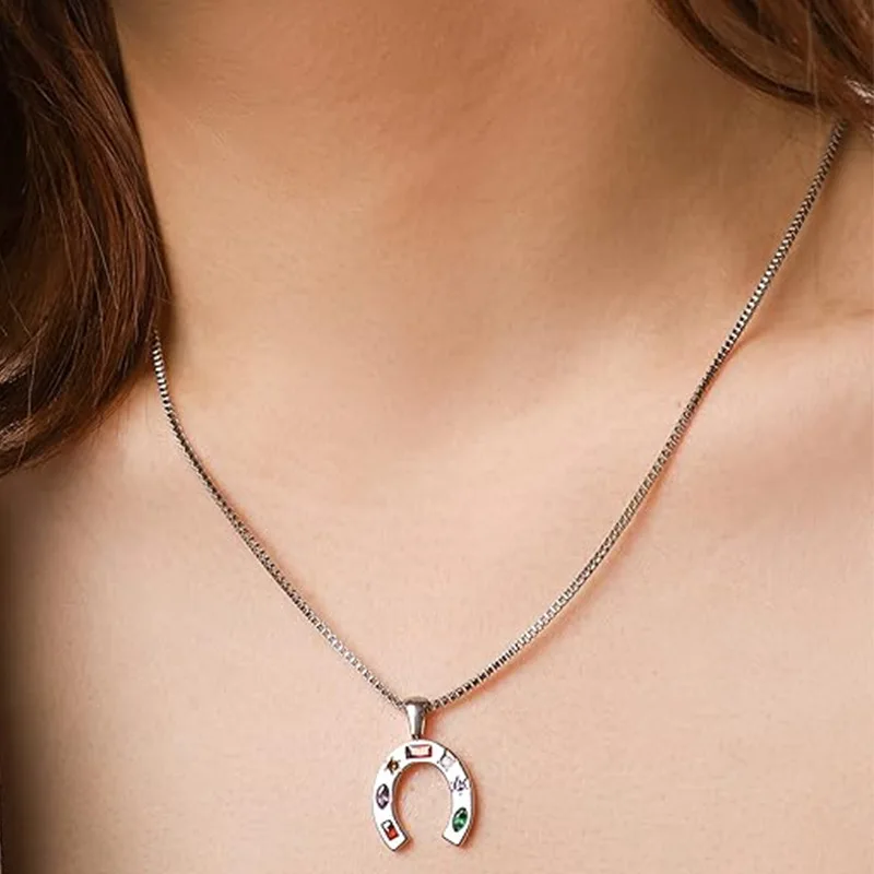 Rainbow zircon U-shaped horseshoe 925 Sterling Silver lucky necklace for Men Women